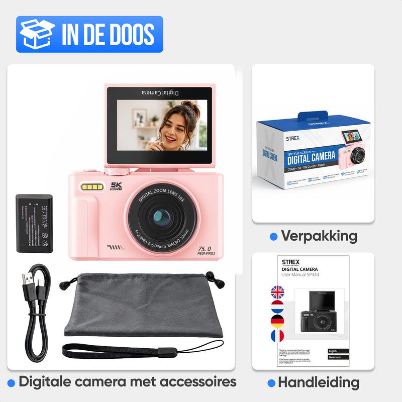 Strex Digitale Camera 5K 75MP - Fototoestel - Compactcamera met Wifi - Vlog Camera - Fotocamera voor Kinderen - 18x Zoom - Draaibaar Scherm - Roze