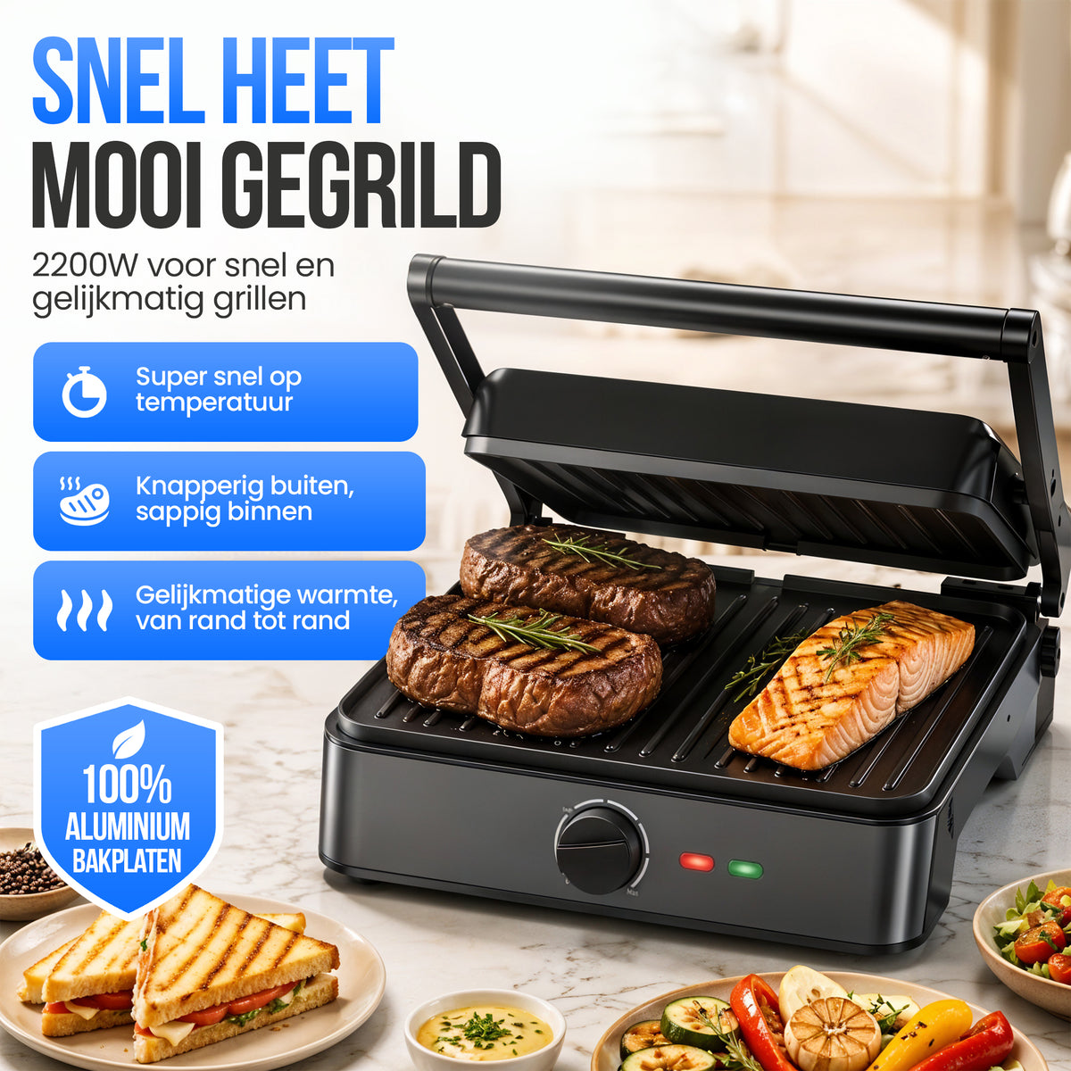 Strex Tosti Apparaat XL Zwart - Met Temperatuurregeling - Contactgrill Groot / Tosti Ijzer / Broodrooster / Grill Apparaat / Panini Grill / Toaster - 2200W