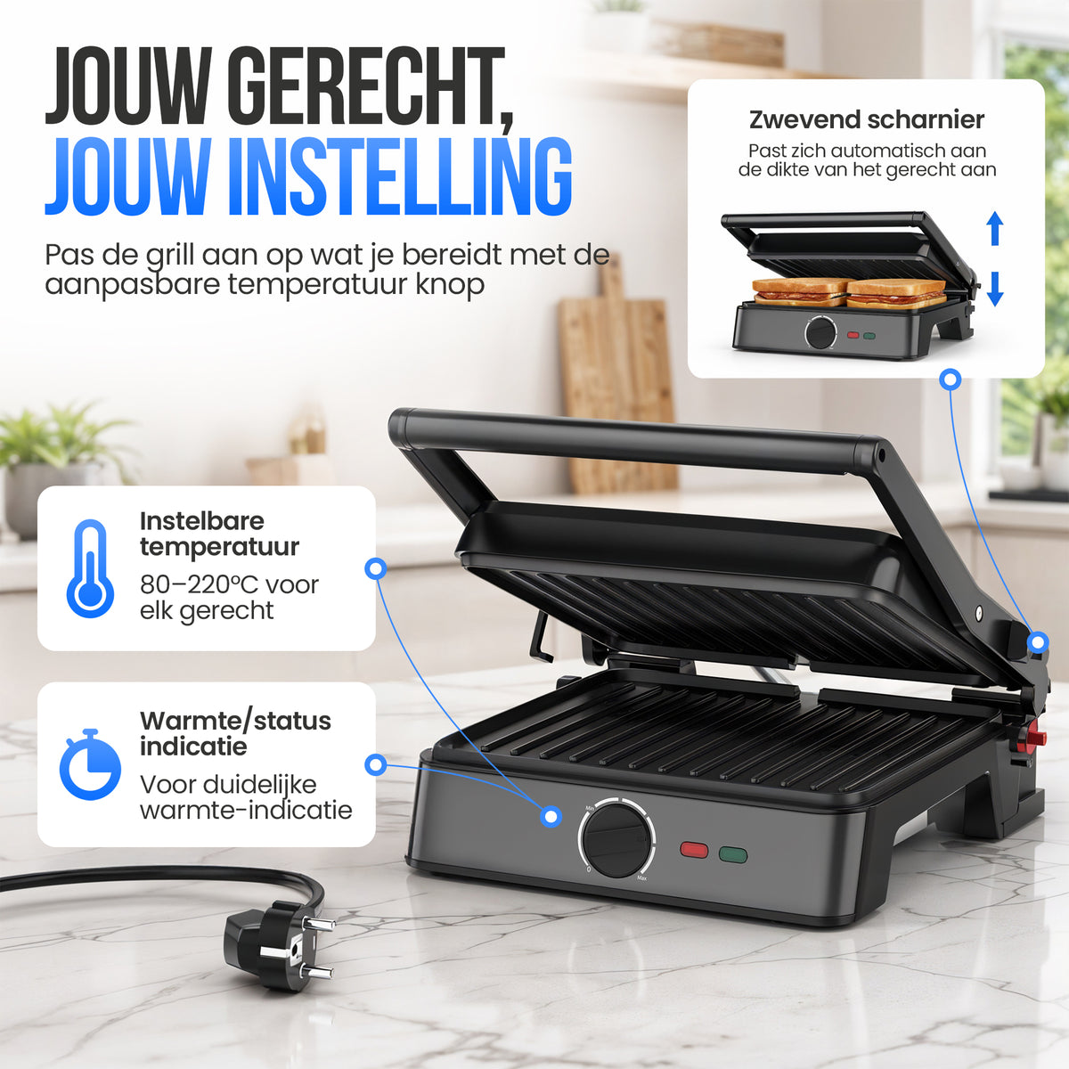 Strex Tosti Apparaat XL Zwart - Met Temperatuurregeling - Contactgrill Groot / Tosti Ijzer / Broodrooster / Grill Apparaat / Panini Grill / Toaster - 2200W