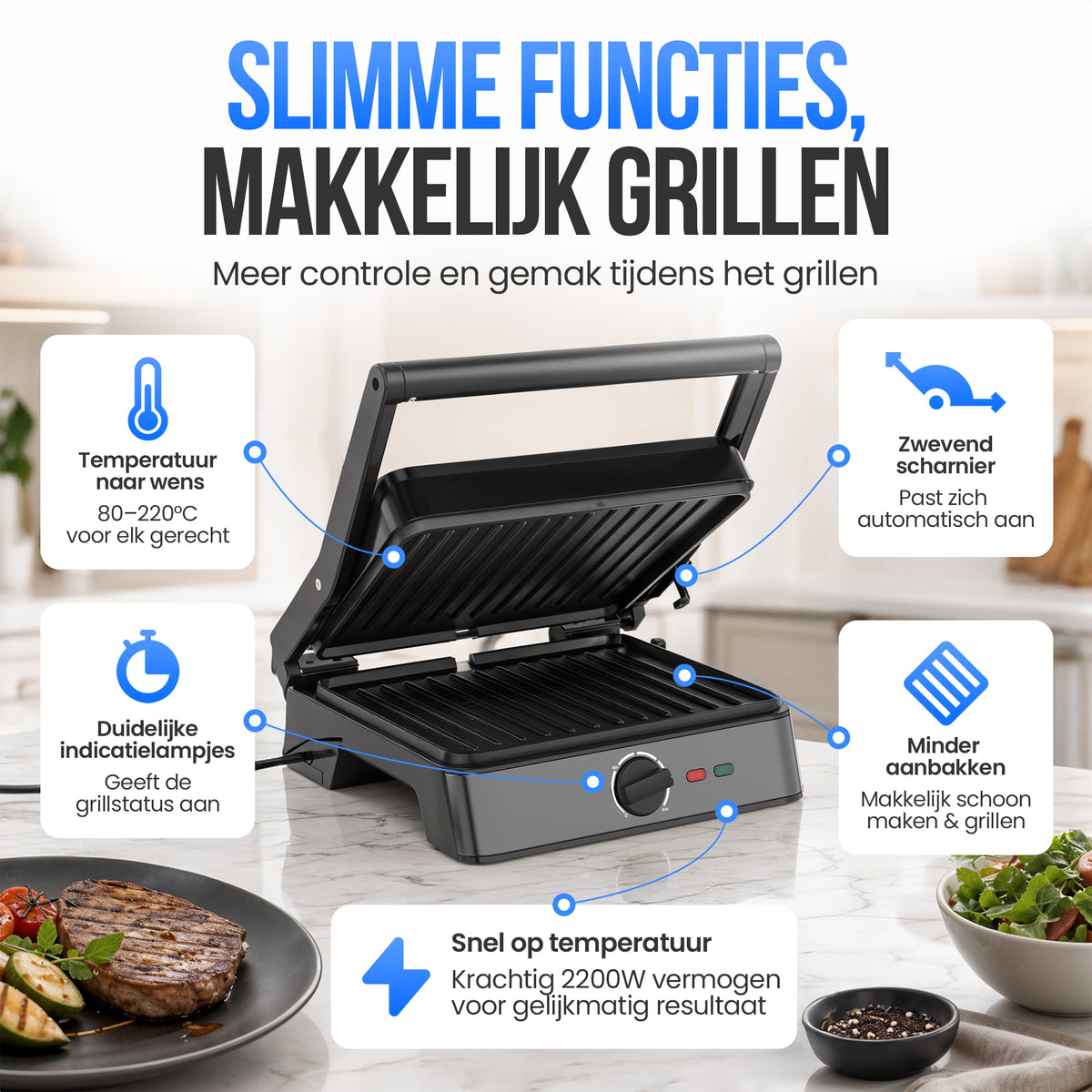 Strex Tosti Apparaat XL Zwart - Met Temperatuurregeling - Contactgrill Groot / Tosti Ijzer / Broodrooster / Grill Apparaat / Panini Grill / Toaster - 2200W