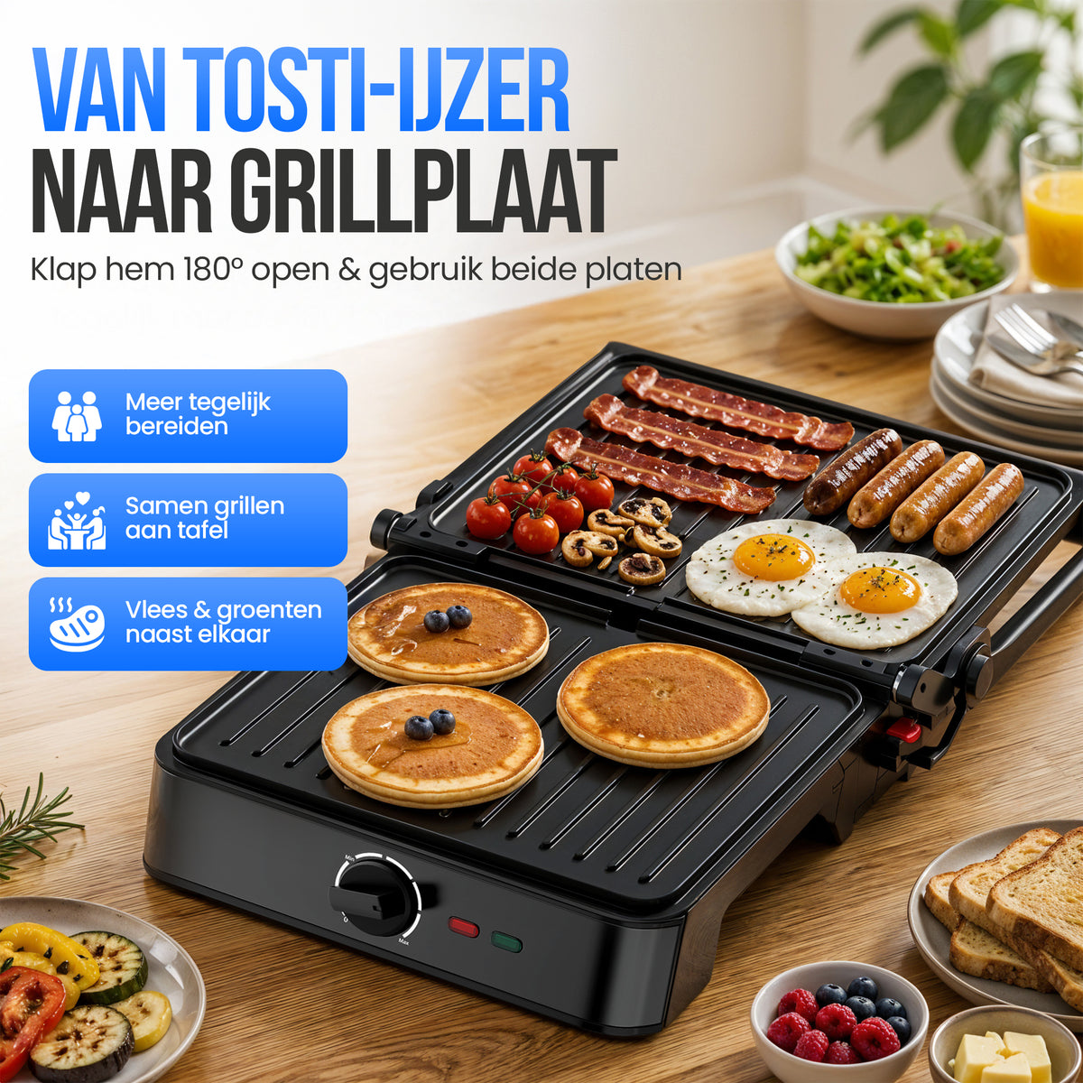 Strex Tosti Apparaat XL Zwart - Met Temperatuurregeling - Contactgrill Groot / Tosti Ijzer / Broodrooster / Grill Apparaat / Panini Grill / Toaster - 2200W