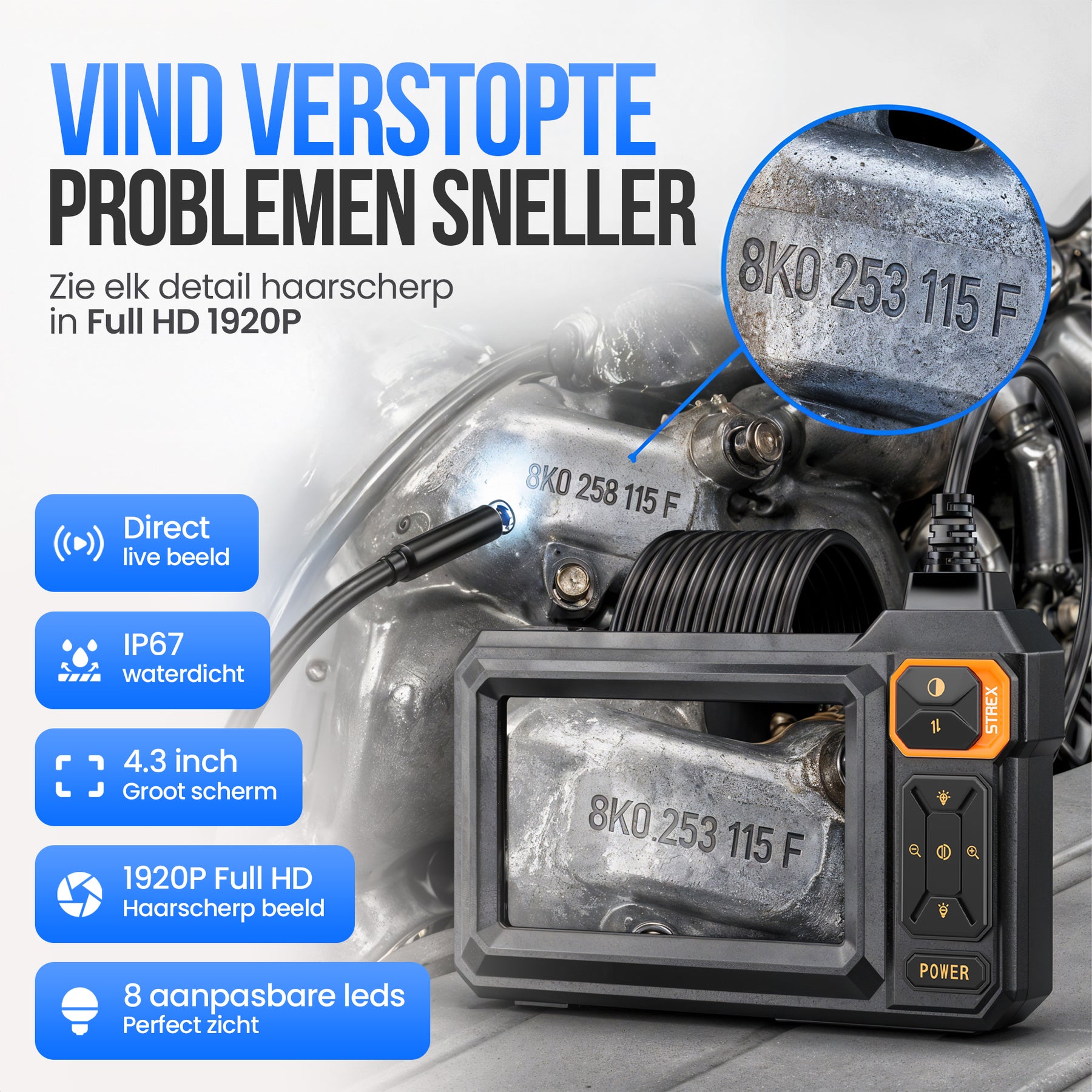 Strex Endoscoop met Scherm 5M - Inspectiecamera - Rioolcamera met HD Beeld - IP67 Waterdicht - Instelbare LED Verlichting