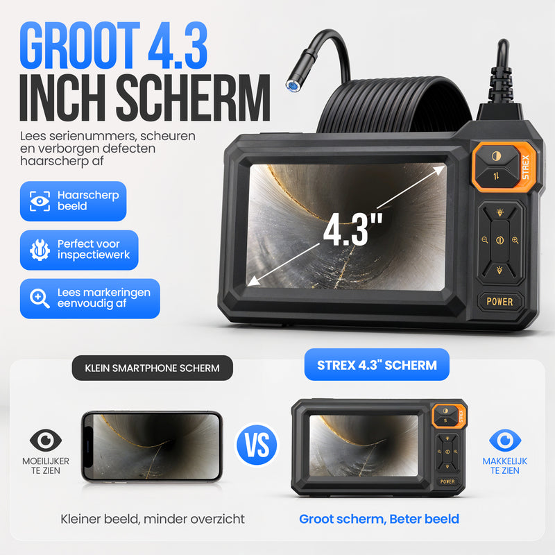 Strex Endoscoop met Scherm 5M - Inspectiecamera - Rioolcamera met HD Beeld - IP67 Waterdicht - Instelbare LED Verlichting