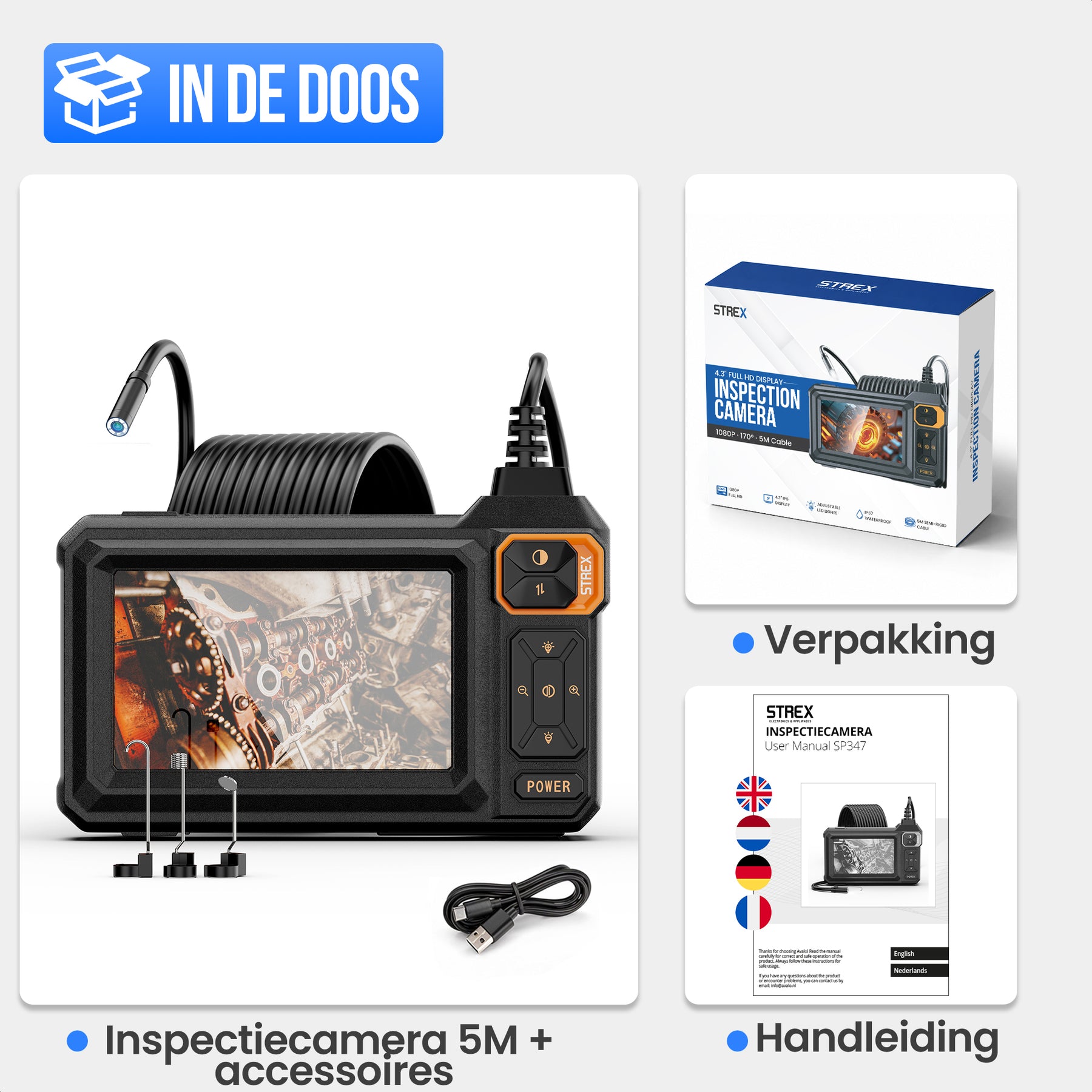 Strex Endoscoop met Scherm 5M - Inspectiecamera - Rioolcamera met HD Beeld - IP67 Waterdicht - Instelbare LED Verlichting