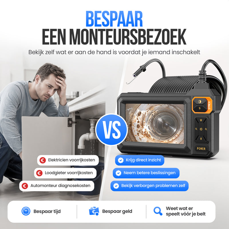 Strex Endoscoop met Scherm 15M - Inspectiecamera - Rioolcamera met HD Beeld - IP67 Waterdicht - Instelbare LED Verlichting