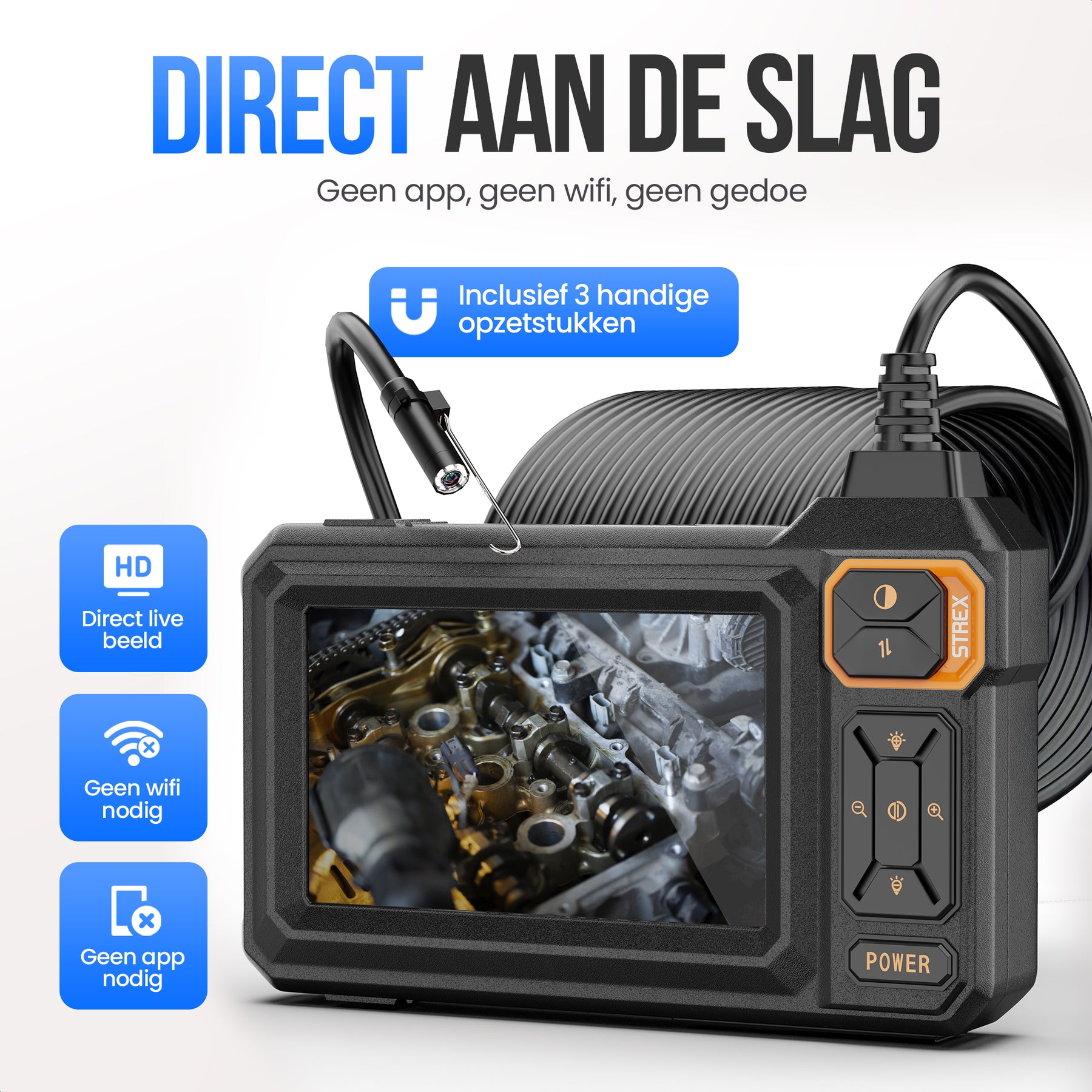 Strex Endoscoop met Scherm 15M - Inspectiecamera - Rioolcamera met HD Beeld - IP67 Waterdicht - Instelbare LED Verlichting