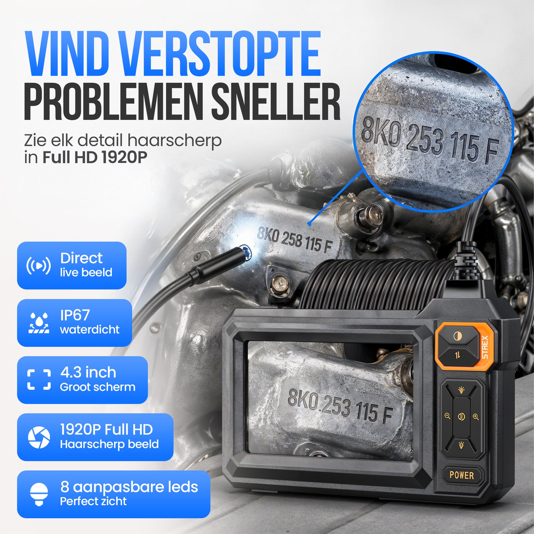 Strex Endoscoop met Scherm 15M - Inspectiecamera - Rioolcamera met HD Beeld - IP67 Waterdicht - Instelbare LED Verlichting