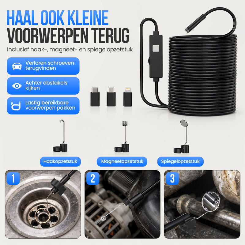 Strex Endoscoop Inspectiecamera 10M - Smartphone - IP67 Waterdicht - LED Verlichting - Endoscoop Camera - Inspectie Camera - Rioolcamera