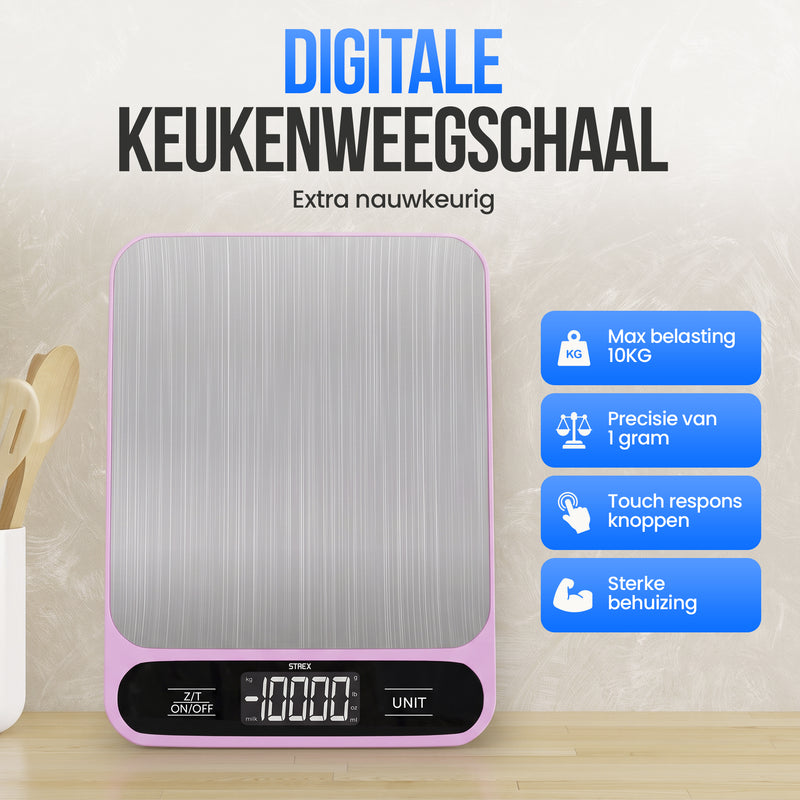 Strex Keukenweegschaal Digitaal - Weegschaal Keuken - 1 g tot 10 kg - Tarra Functie - Inclusief Batterijen - Roze