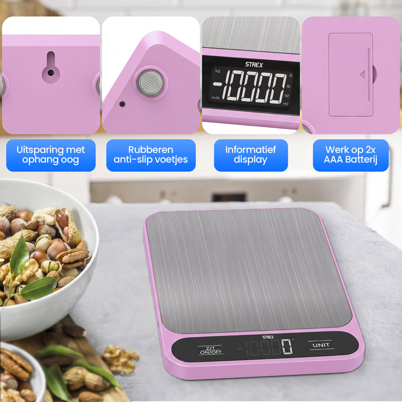 Strex Keukenweegschaal Digitaal - Weegschaal Keuken - 1 g tot 10 kg - Tarra Functie - Inclusief Batterijen - Roze